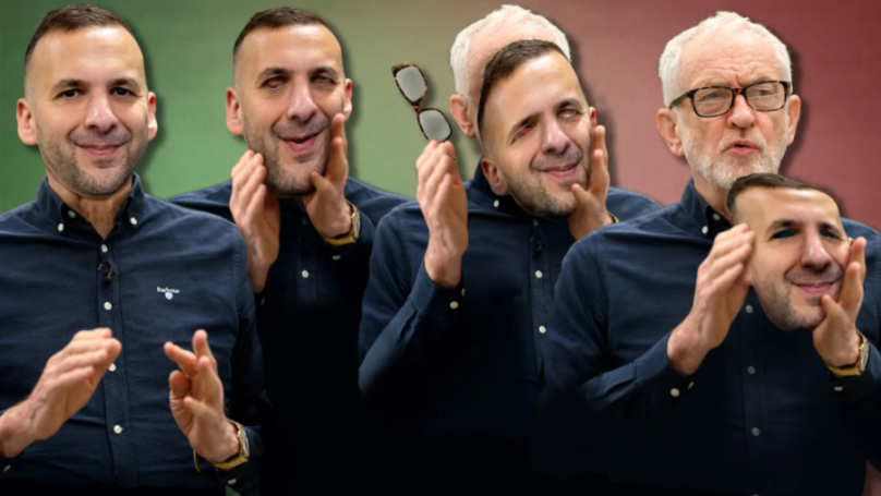 Collage of a man taking off a mask of himself to reveal Jeremy Corbyn, representing a change in identity.