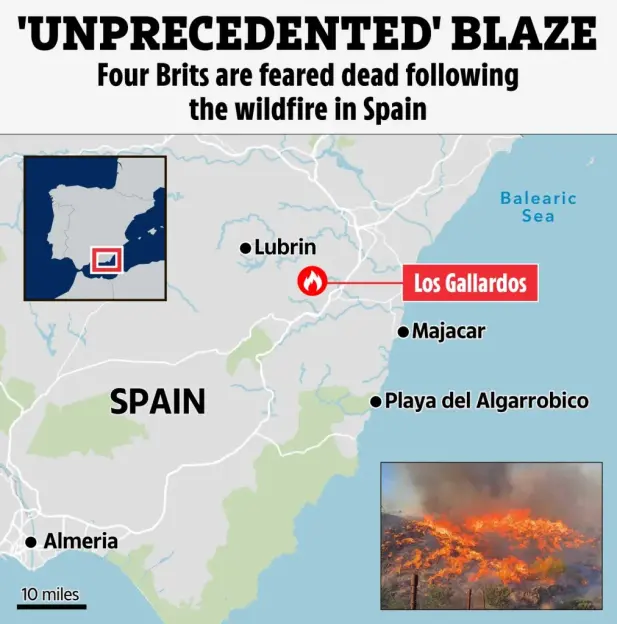 Illustration of a map of southeastern Spain showing the location of wildfires near Los Gallardos.