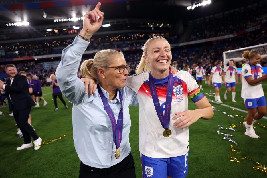 Sarina Wiegman and Leah Williamson celebrating with their winners' medals after the UEFA Women's EURO 2025 Final.