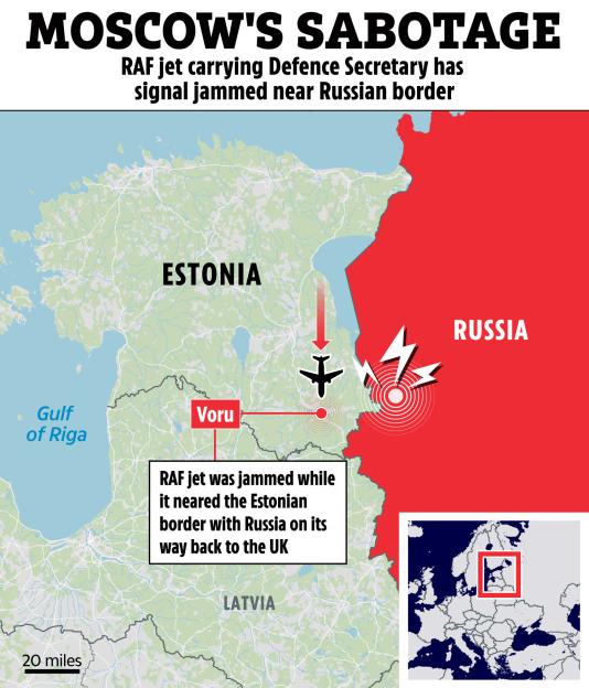 Illustration of a map showing an RAF jet's signal being jammed near the Estonian-Russian border.