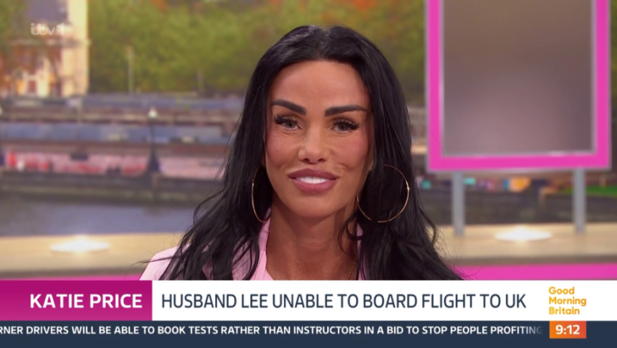 Katie Price on Good Morning Britain, with an on-screen banner reading "HUSBAND LEE UNABLE TO BOARD FLIGHT TO UK."