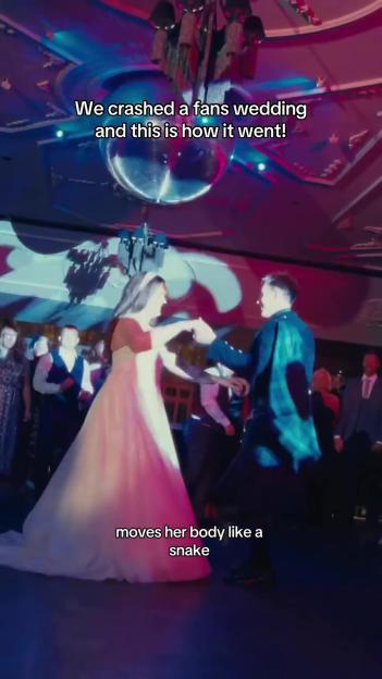 A bride and Nathan Evans dancing at a wedding, with the text "We crashed a fans wedding and this is how it went!" and "moves her body like a snake".