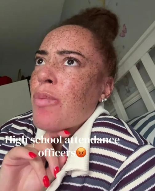 A woman with freckles and brown hair in a bun looking up in frustration, with the text "high school attendance officers" and an angry face emoji.