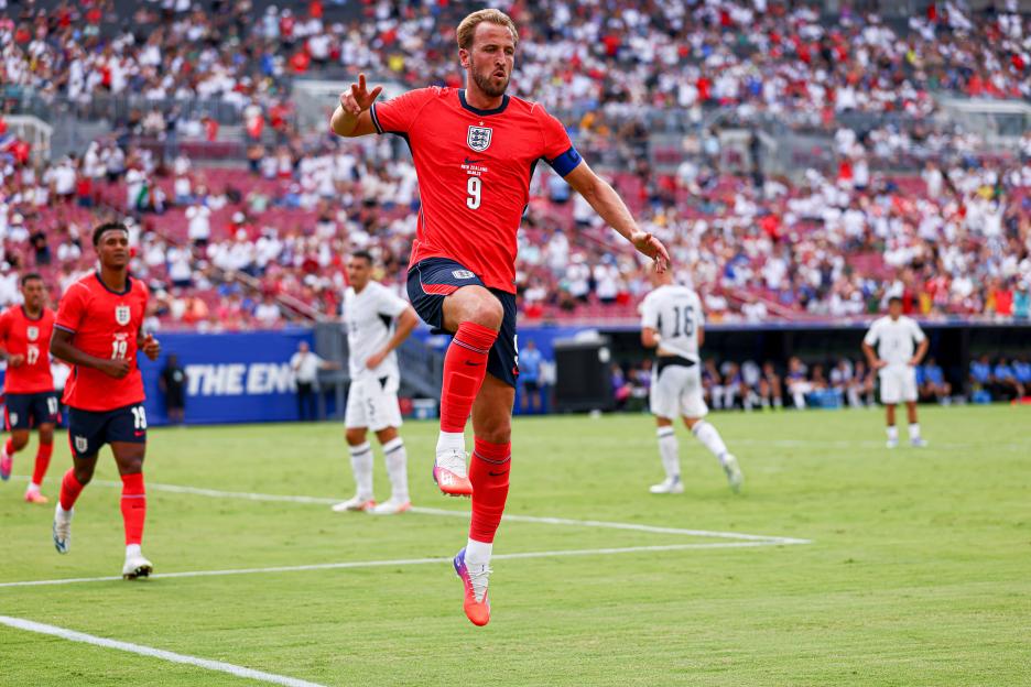 Harry Kane of England celebrates scoring a goal against New Zealand.