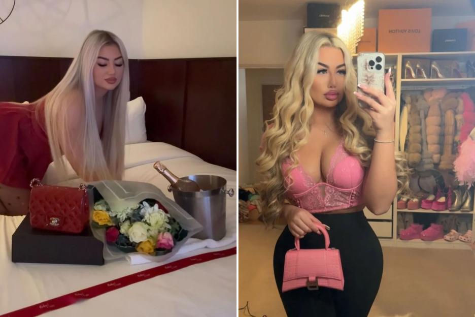 Collage of a woman on a bed with gifts and a woman taking a mirror selfie.