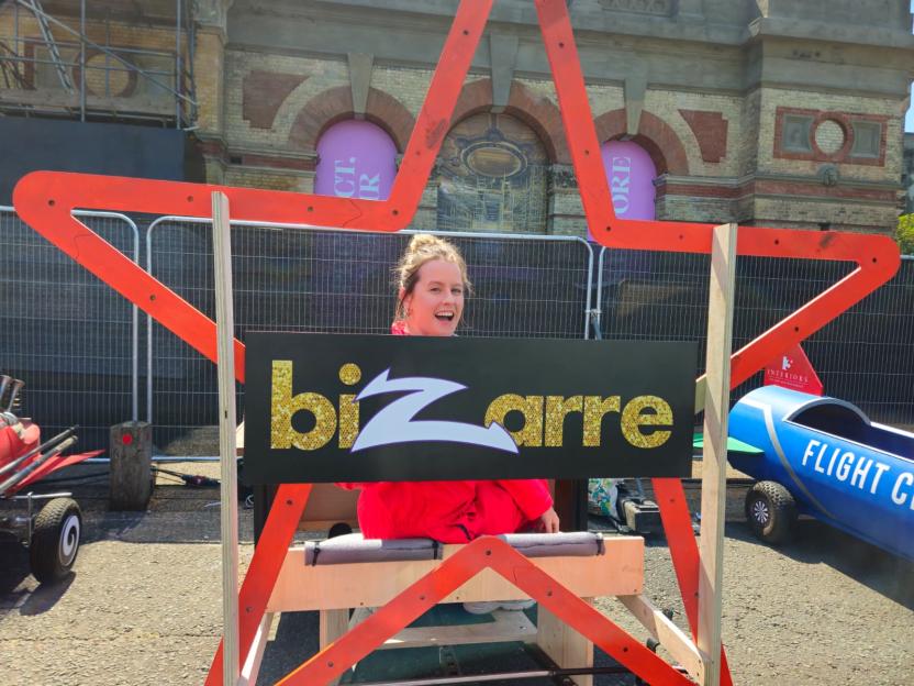 Ellie Henman sitting inside her "Bizarre" soapbox at the Red Bull Soap Box Derby at Alexandra Palace.