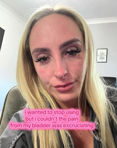 A woman with blonde hair, tears under her eyes, and a sad expression, with text overlaying her shoulder that reads, "i wanted to stop using but i couldn't the pain from my bladder was excruciating".