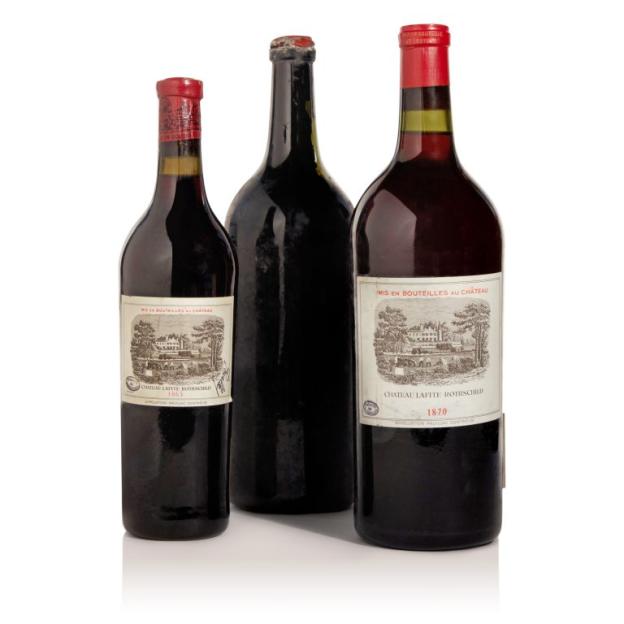 Three bottles of Château Lafite Rothschild wine from 1865 and 1870.