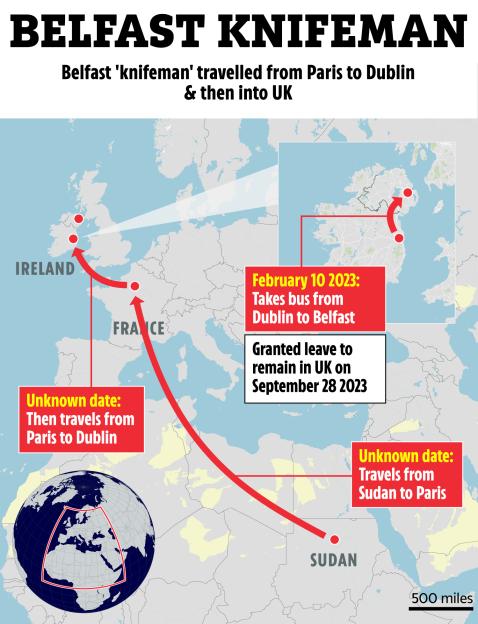 Illustration of the travel route of the Belfast 'knifeman' from Sudan to Paris, then to Dublin, and finally to Belfast.