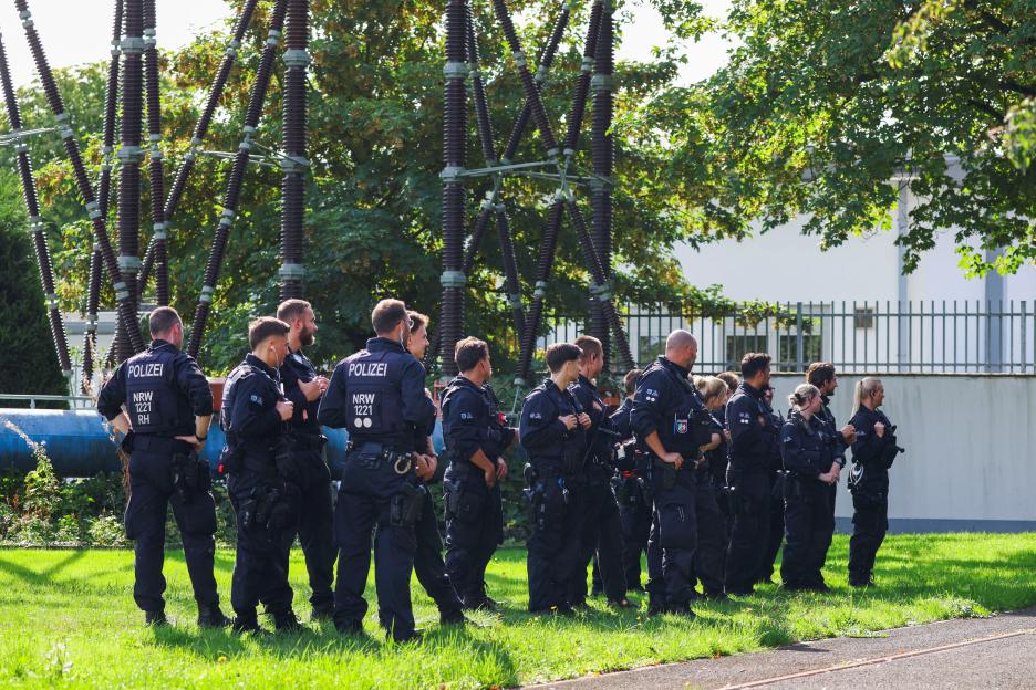 German police secures the area after a second sabotage attempt on Germany's electricity grid, with local police saying they are investigating an attack on a substation in Bergheim