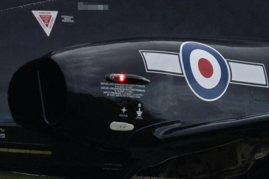 Close-up of a Royal Air Force BAE Hawk T2 arriving at RAF Valley, Anglesey, Wales.