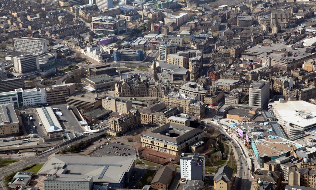 aerial view of Bradford city centre, West Yorkshire, UK