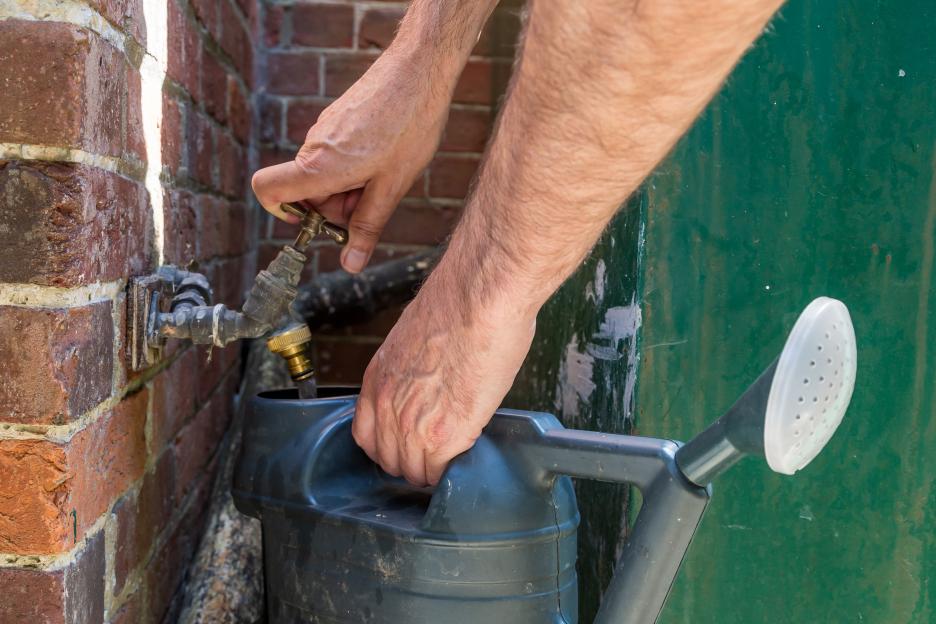 A man filling a watering can from an outside tap.