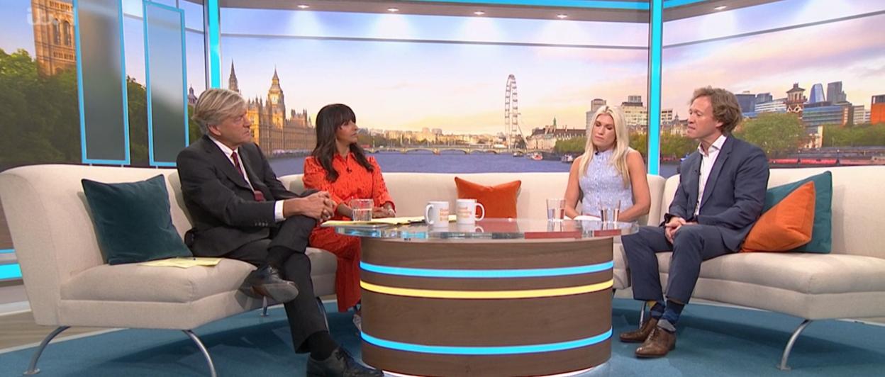 Good Morning Britain hosts and guests discuss "BINGE DRINKING OVER-55s FUELLING ALCOHOL SURGE" on a set with a London skyline backdrop.