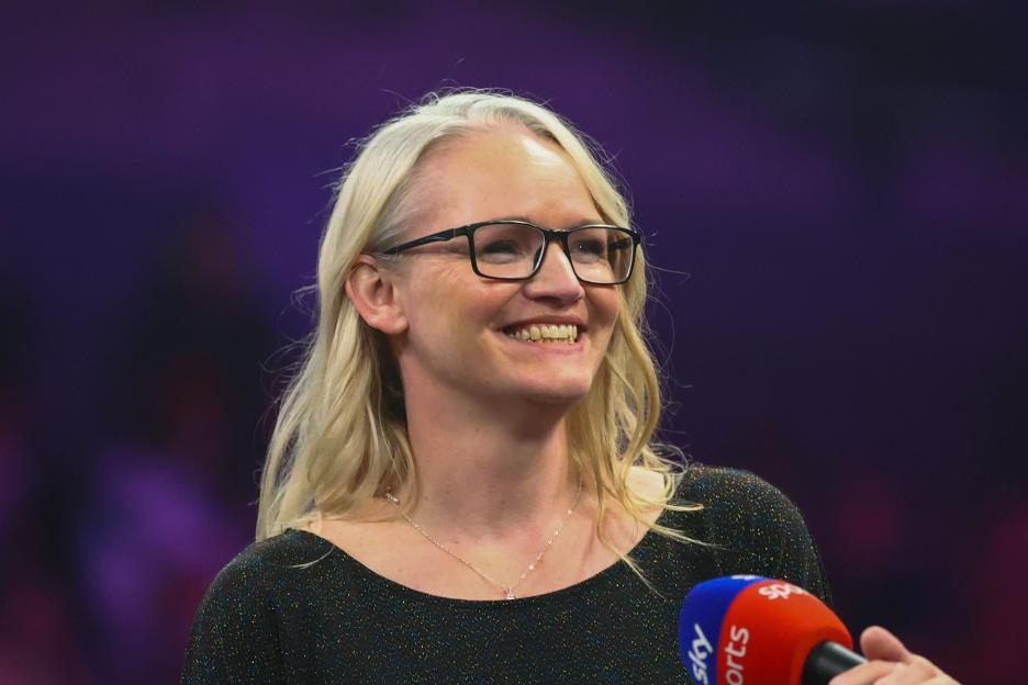 Laura Turner commentating for Sky Sports at the 2026 Premier League Darts Night 12.