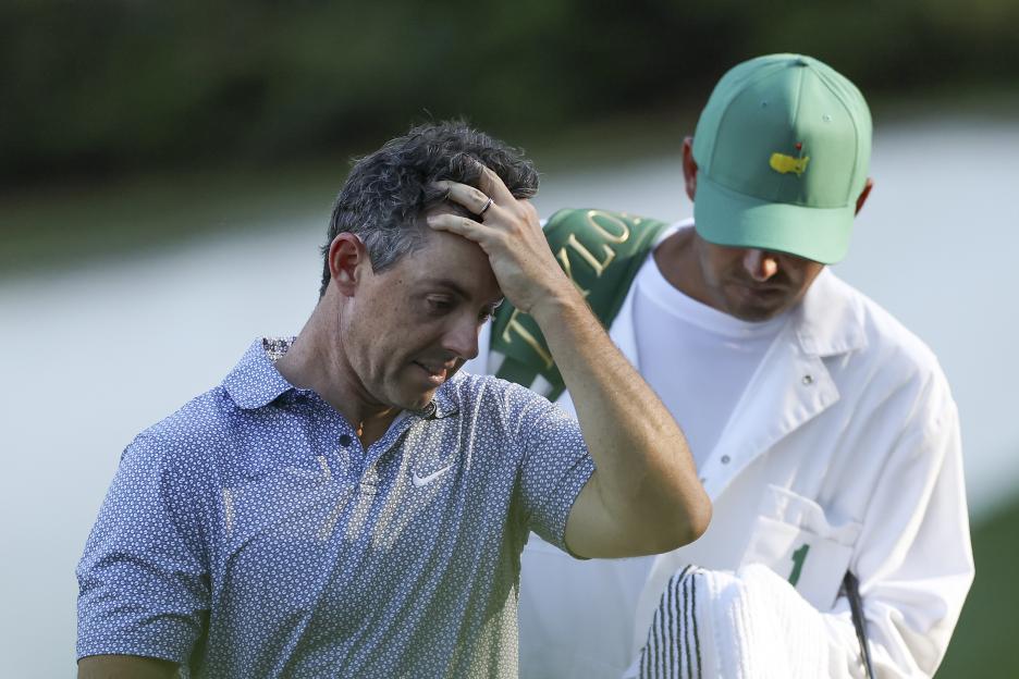 Rory McIlroy reacting to a shot during the Masters Tournament.