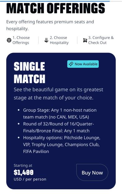 FIFA 2026 World Cup ticket pricing on the hospitality website, showing single match tickets starting at $1,400.