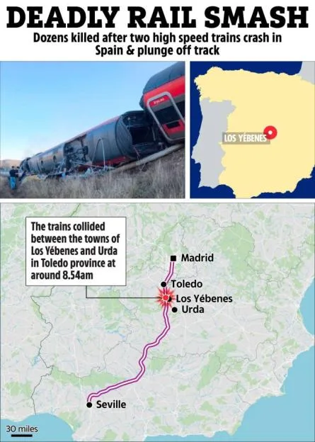 Collage of a train wreck, a map of Spain highlighting Los Yébenes, and a detailed map showing the collision site between Los Yébenes and Urda in Toledo.