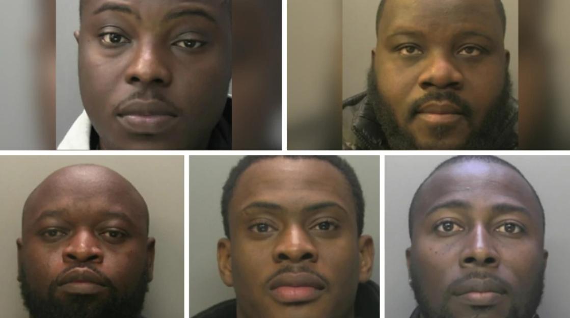 Collage of five mugshots of men convicted for money laundering.