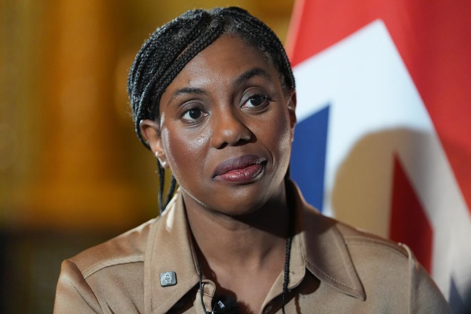 Conservative Party leader Kemi Badenoch speaking to media.