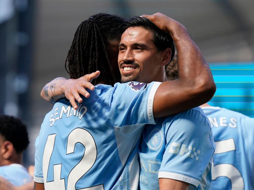 Manchester, UK. 24th May, 2026. Antoine Semenyo of Manchester City celebrates scoring the first goal with Tijjani Reijnders of Manchester City during the Manchester City vs Aston Villa Premier League match at the Etihad Stadium, Manchester. Picture c