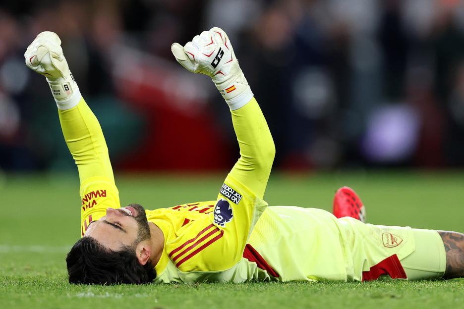 David Raya celebrates after his team scores.