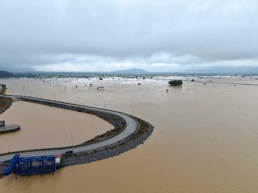 Aerial view of extensive flooding across farmland on the Lasithi Plateau, Greece.