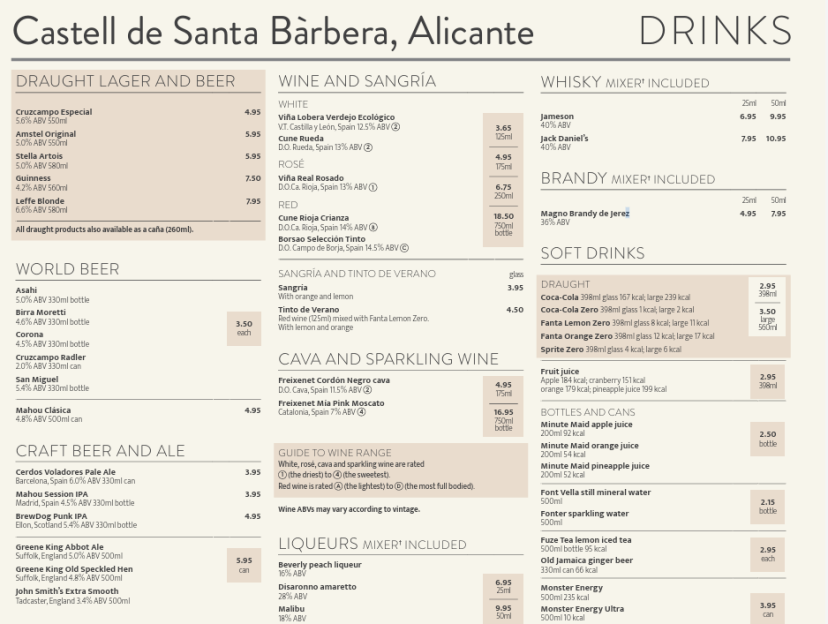 Drinks menu with beer, wine, spirits, and soft drinks.