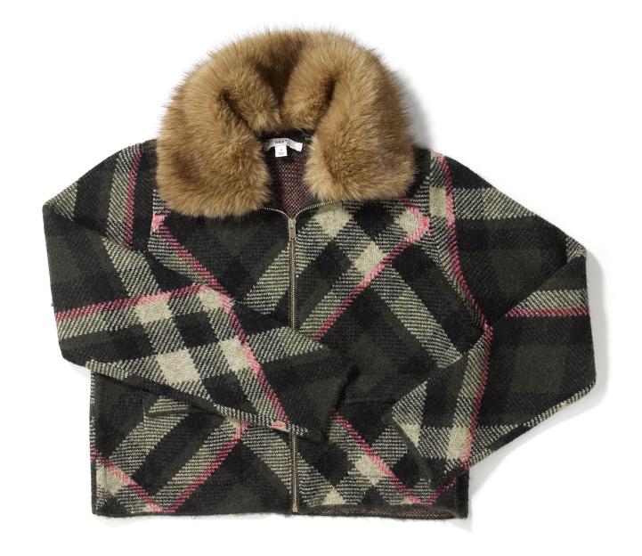 Next jacket, green plaid with pink and tan accents and a fur collar.