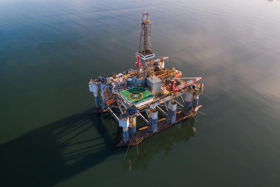 Aerial view of an offshore drilling platform in Cromarty Firth, Scotland.