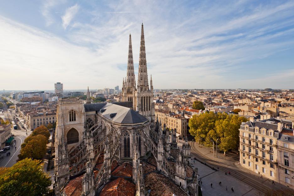 Saint Andre Cathedral from the top of Pey Berland tower, overlooking the city of Bordeaux, France.