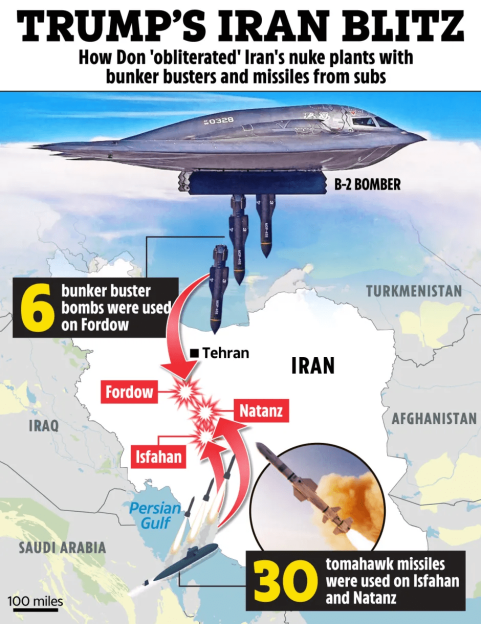 Illustration of a map showing the locations of Iranian nuclear facilities targeted with bunker buster bombs and tomahawk missiles.
