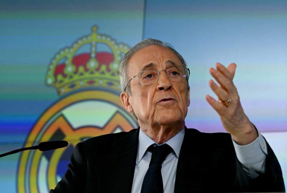 Florentino Perez, president of Real Madrid, speaks at a press conference.