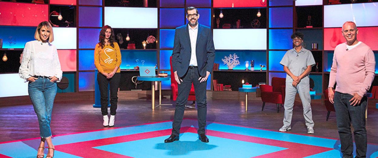 Alex Jones, Jessica Knappett, Richard Osman, Karim Zeroual, and Rob Rinder on the set of Richard Osman's House of Games.