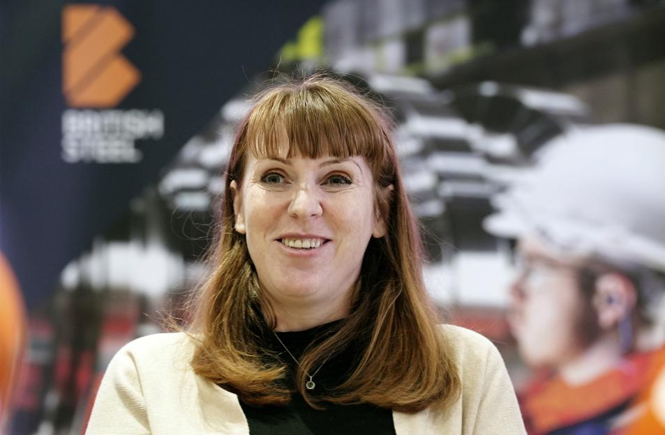 Britain's Deputy Prime Minister Angela Rayner smiles during her visit to British Steel's site.