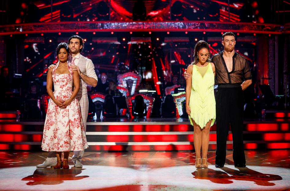 Balvinder Sopal and Julian Caillon, and Vicky Pattison and Kai Widdrington, standing on the stage during the Strictly Come Dancing results show.