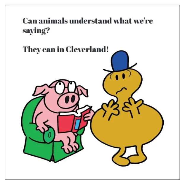 Illustration of a pig wearing glasses reading a book in an armchair next to a confused yellow character wearing a blue hat.