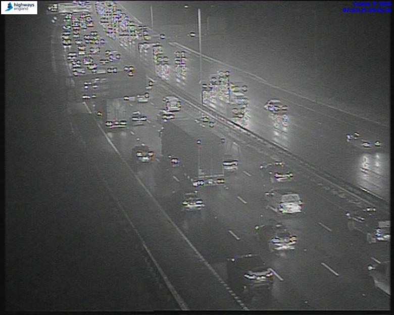 M6 j17 motorway traffic camera feed at night.