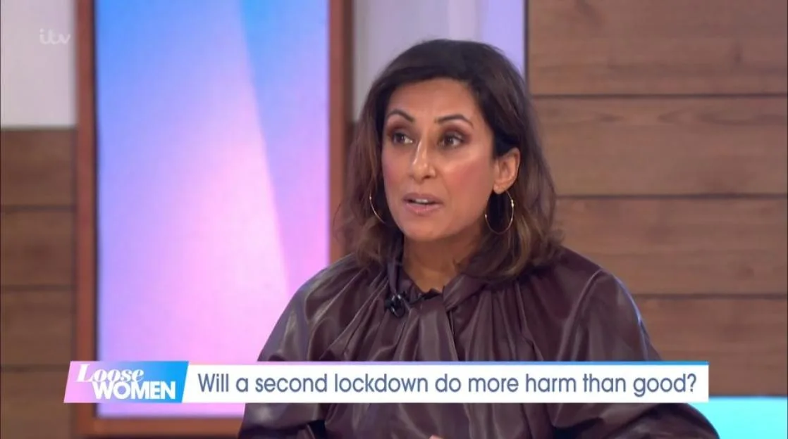 Saira Khan speaking on "Loose Women" TV Show with the question "Will a second lockdown do more harm than good?" displayed.