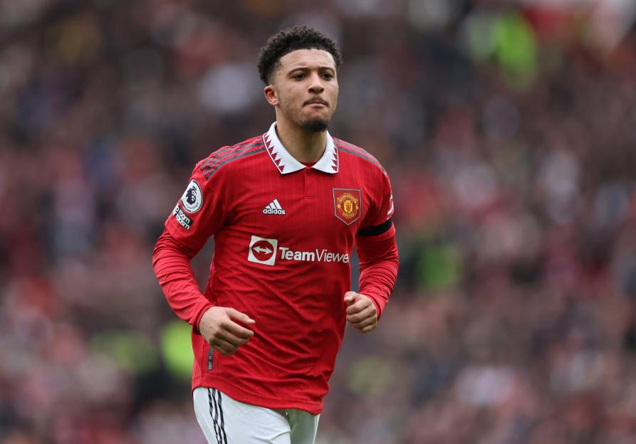 Manchester United player Jadon Sancho on the field during a Premier League match.