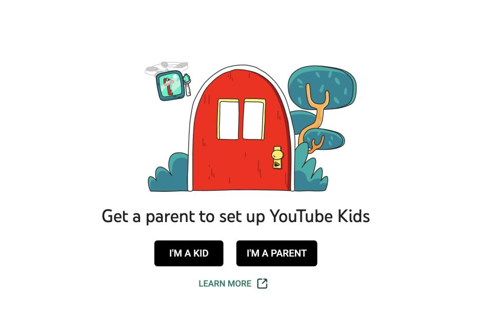 Illustration of a red door, bushes, tree, and drone with a key, prompting users to set up YouTube Kids.