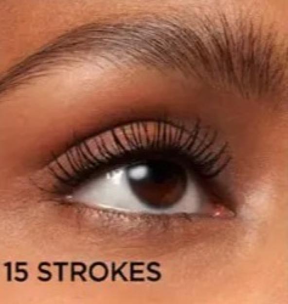 Collage of mascara product with three views of an eye: natural, after 15 strokes, and after 30 strokes.