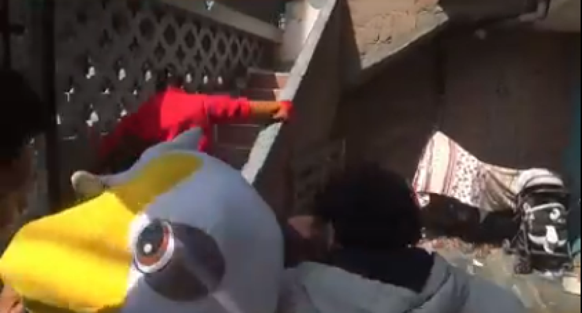 Person in a duck costume looking at people going up stairs.