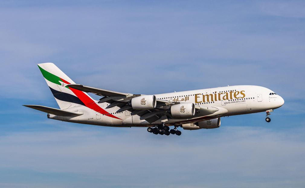 Emirates Airbus A380-861 (Registration A6-EUB) on final approach to an airport runway.