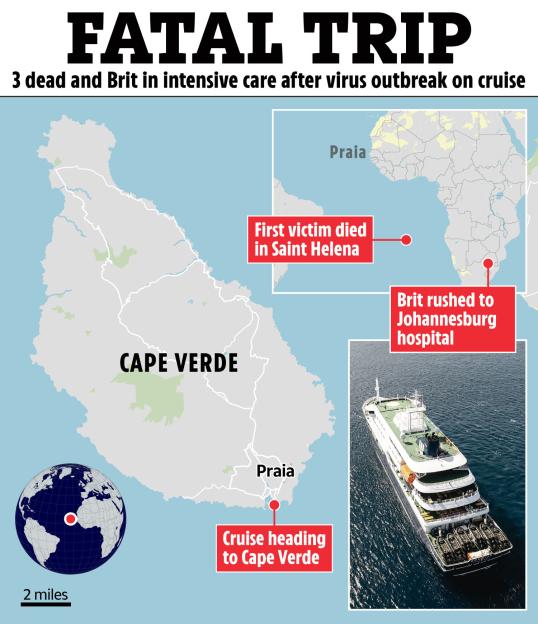 Illustration of a map detailing a fatal cruise trip with a virus outbreak, showing locations of deaths, medical attention, and the cruise ship's destination.