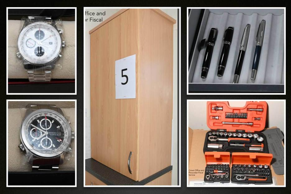 Collage of two watches, four pens, a cabinet, and a toolkit.