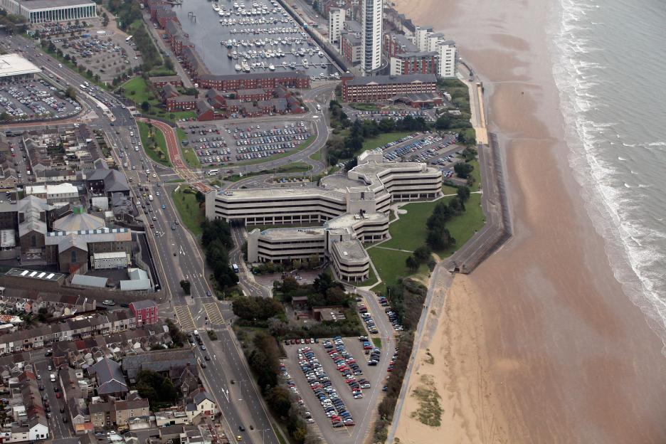 Aerial view of Swansea Civic Centre and County Hall, Oystermouth Road, and Swansea Marina.