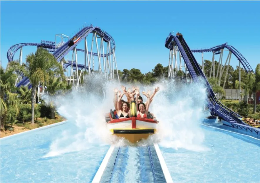 People riding the Flash Coaster water ride at Aquashow Park.