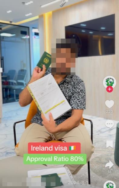 A person holding a Pakistani passport and a document, with text overlay "Ireland visa Approval Ratio 80%".