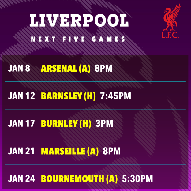 Illustration of Liverpool's next five games, with dates, opponents, home/away status, and times listed.